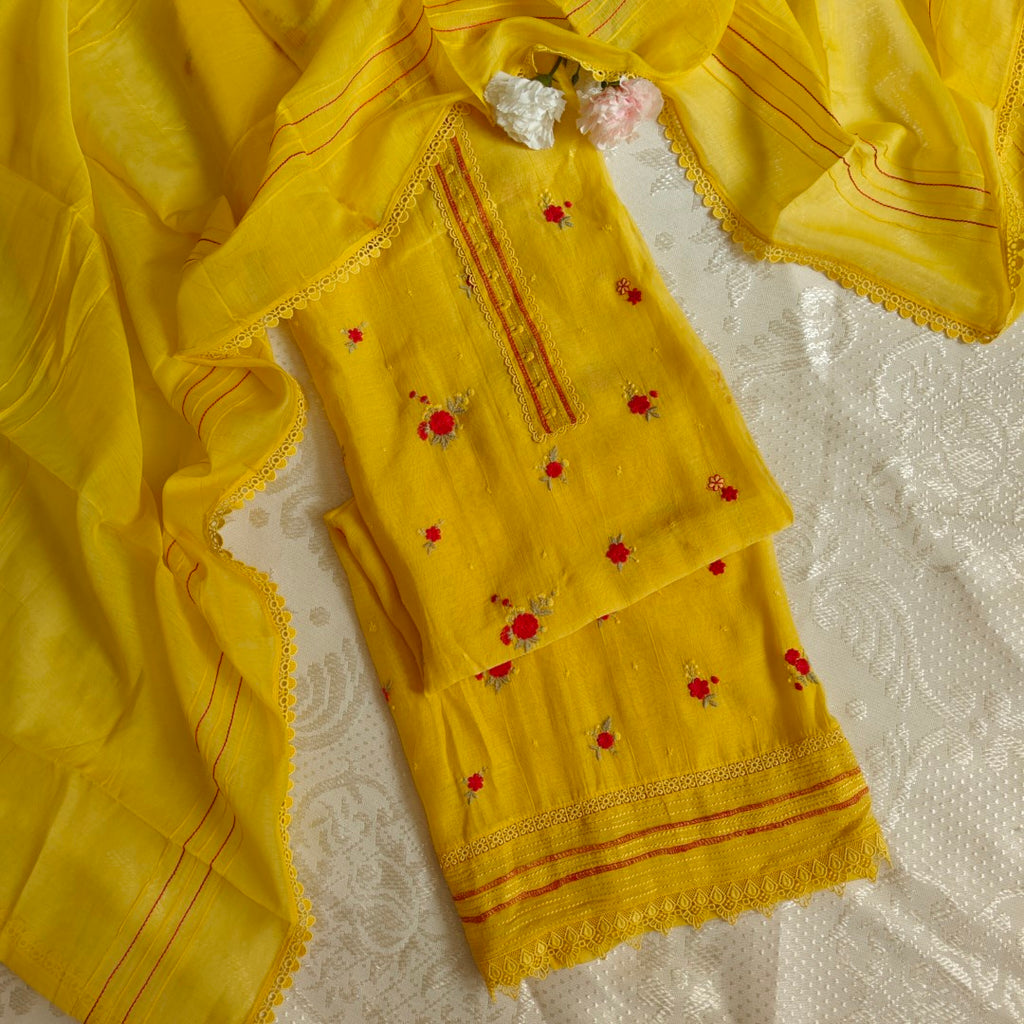 Pure Maheshwari Yellow Designer Dress material