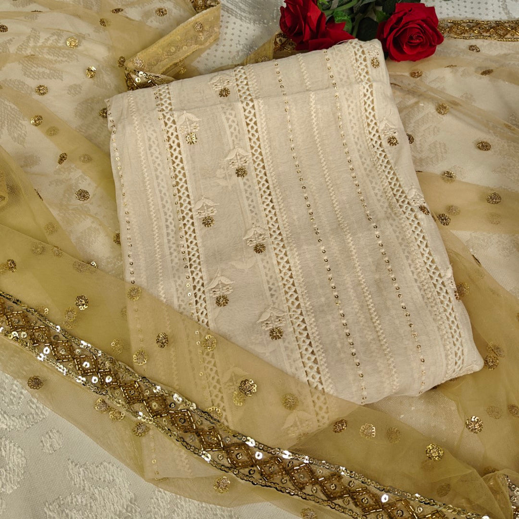 Cream Kurta with Gold dupatta dress material