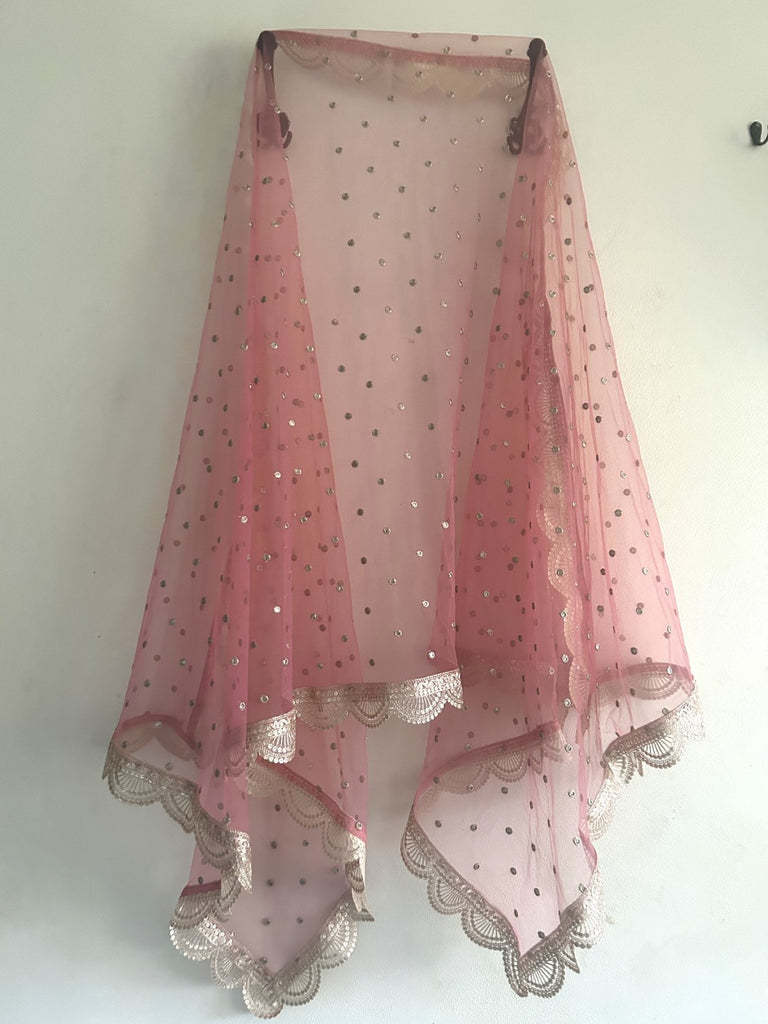 Blush pink Net dupatta with dull gold Scallop border