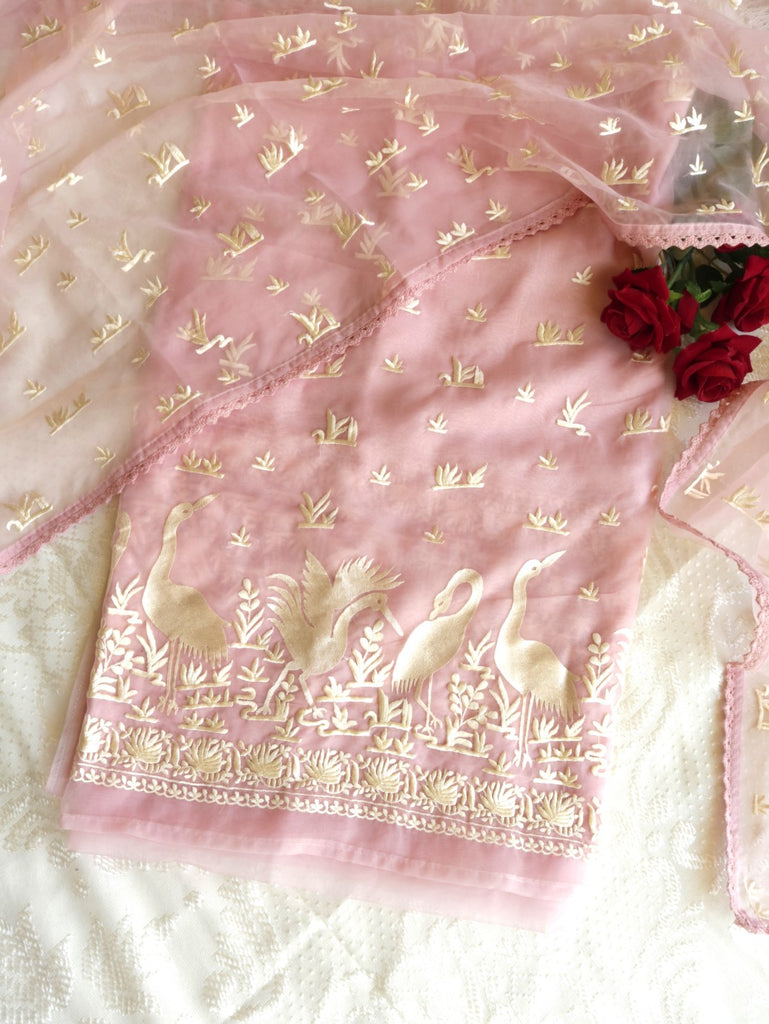 Pretty Pink Pure Organza with Flamingo embroidery Dress material