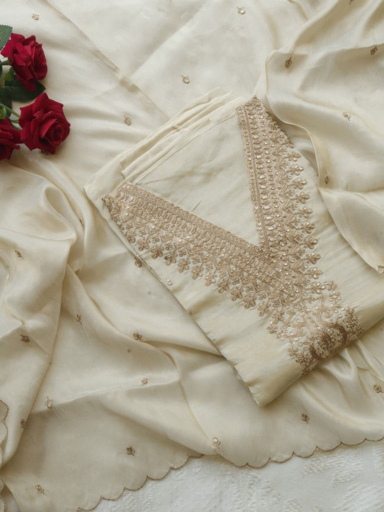 Cream Tissue dress material with neck embroidery - Neel Creations By Saanvi