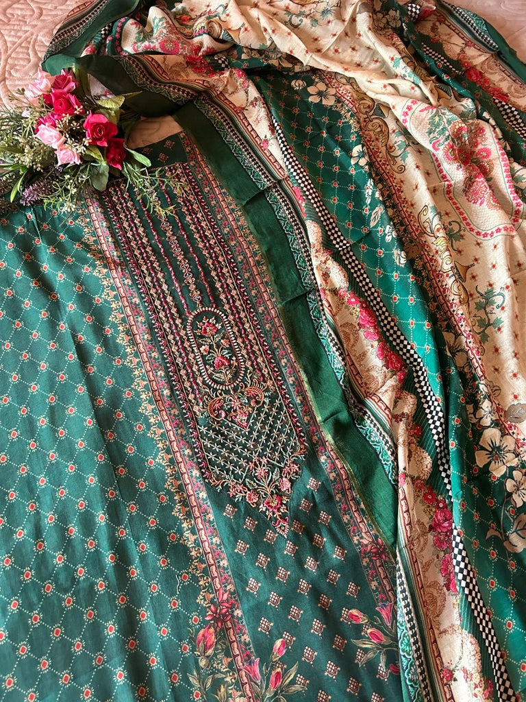 Green Masleen Printed Kurta Dupatta Pakistani style - Neel Creations By Saanvi