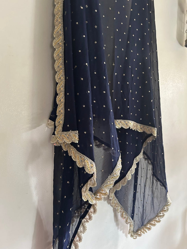 Navy Blue Georgette dupatta with scallop border - Neel Creations By Saanvi