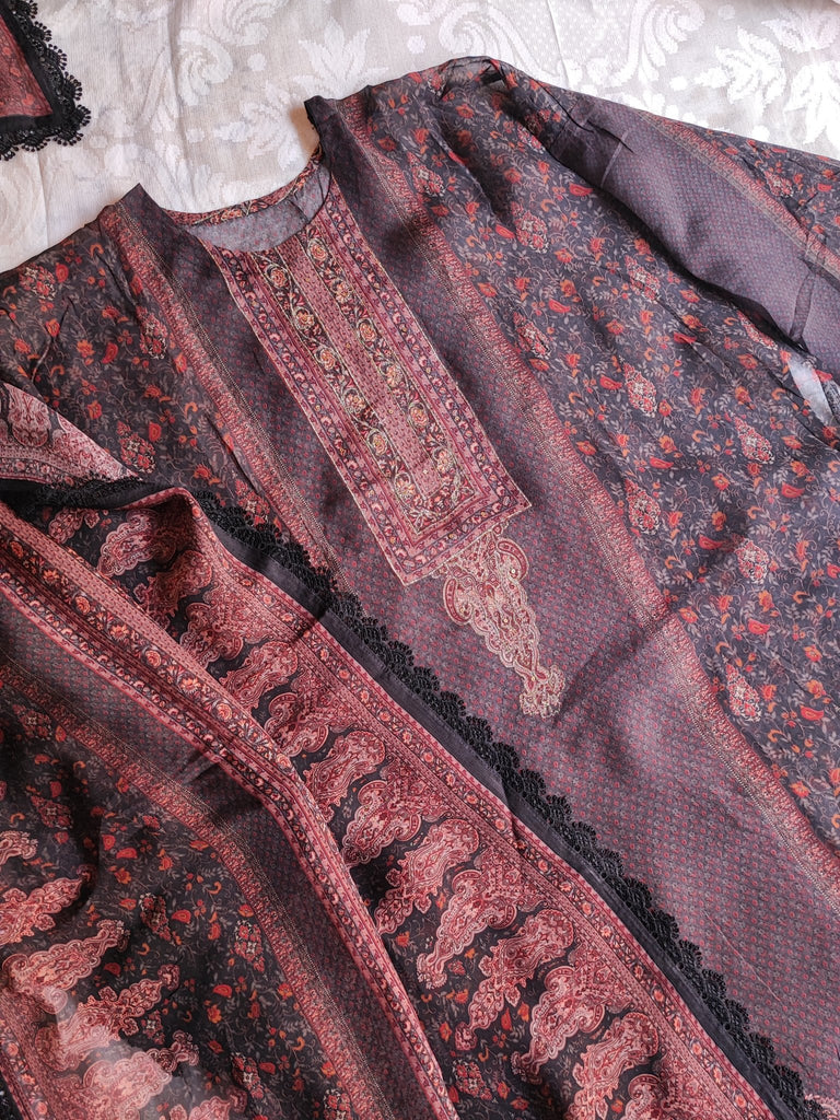 Printed brown dress material with elegant embroidery. - Neel Creations By Saanvi