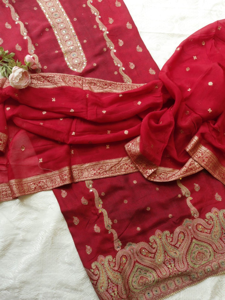 Red Russian silk Partywear dress material - Neel Creations By Saanvi