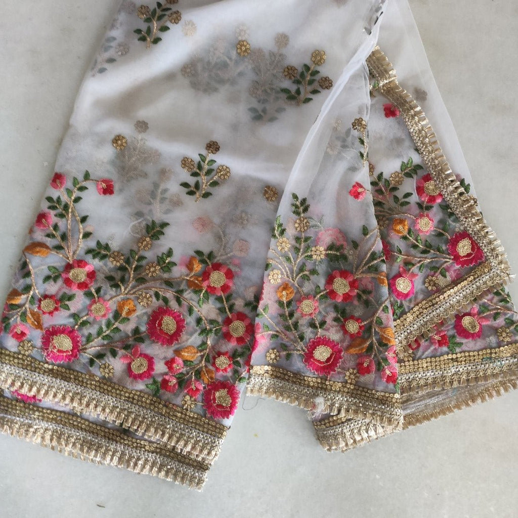 White net dupatta with multi color flower embroidery - Neel Creations By Saanvi