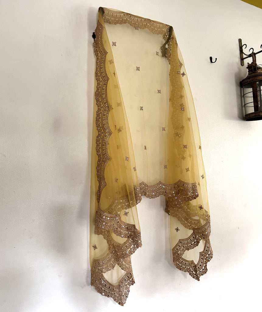 Yellow net dupatta with scallop border - Neel Creations By Saanvi