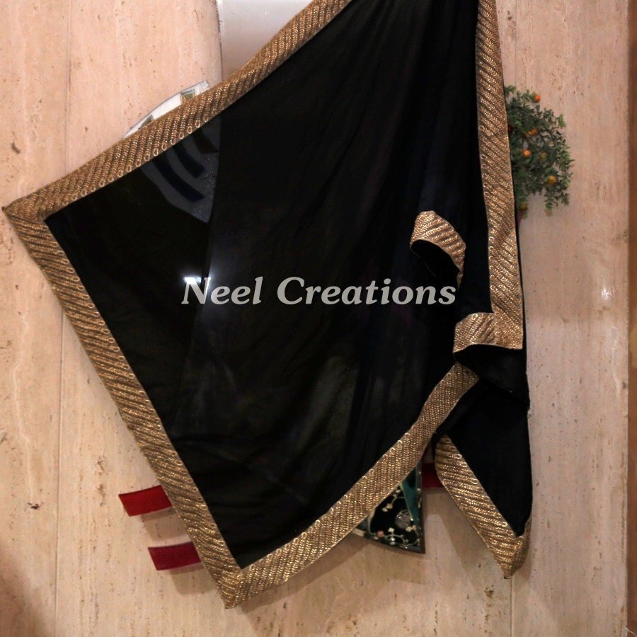 Black Indian Dupatta long georgette scarf Punjabi dress dupattas for festival chunni lehenga stole - Neel Creations By Saanvi