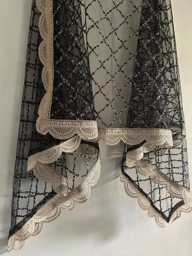 Black net designer dupatta with Light Gold cross embroidery and scallop border. - Neel Creations By Saanvi