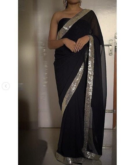 Black silver saree. Designer Indian georgette saree with silver border. Simple sari for women. - Neel Creations By Saanvi
