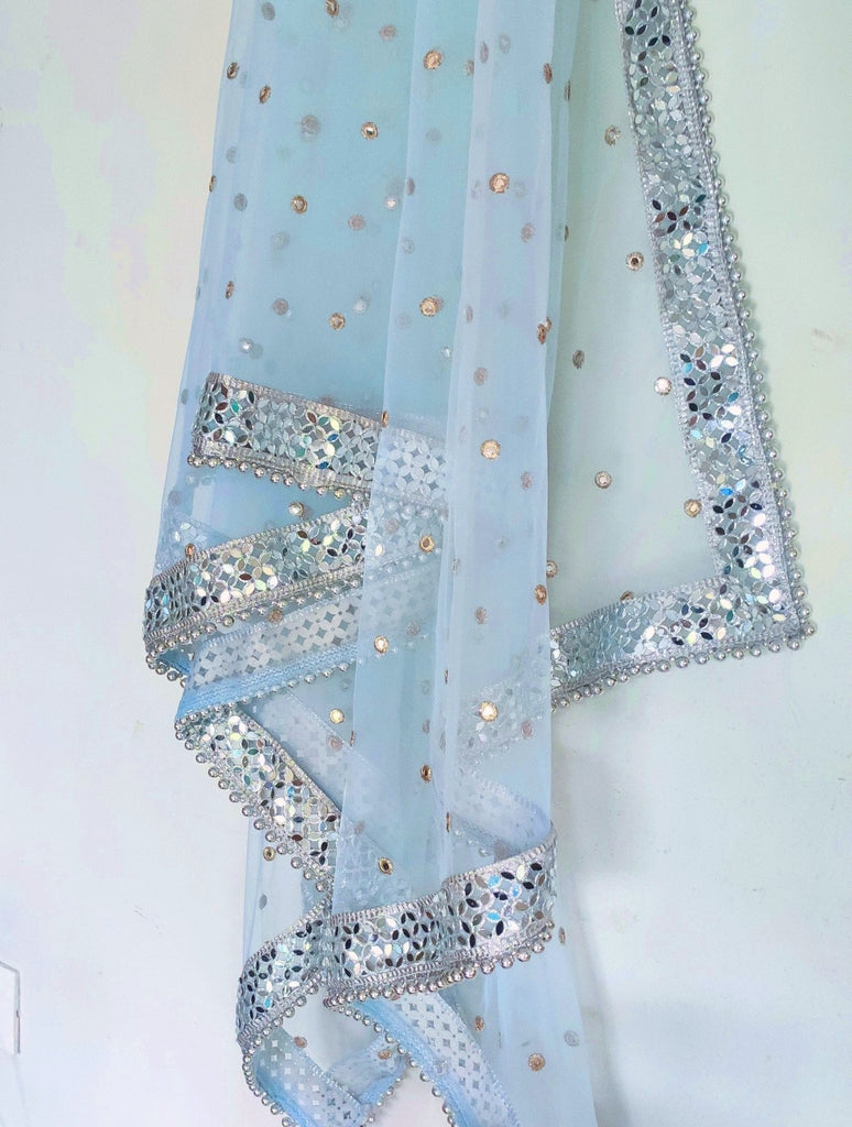 Blue Silver Dupatta Mirror border dupatta - light blue Indian Net dupatta - Designer bridal wedding veil for women. Beaded border. - Neel Creations By Saanvi