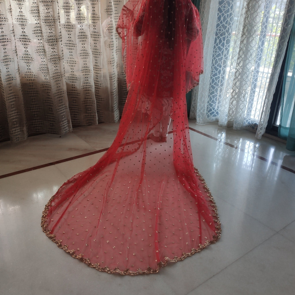 Bridal entry dupatta. Red net long trail dupatta for bride entry at wedding. - Neel Creations By Saanvi