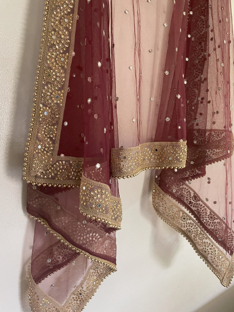 Bridal Net dupatta with beaded border. wedding veil. - Neel Creations By Saanvi