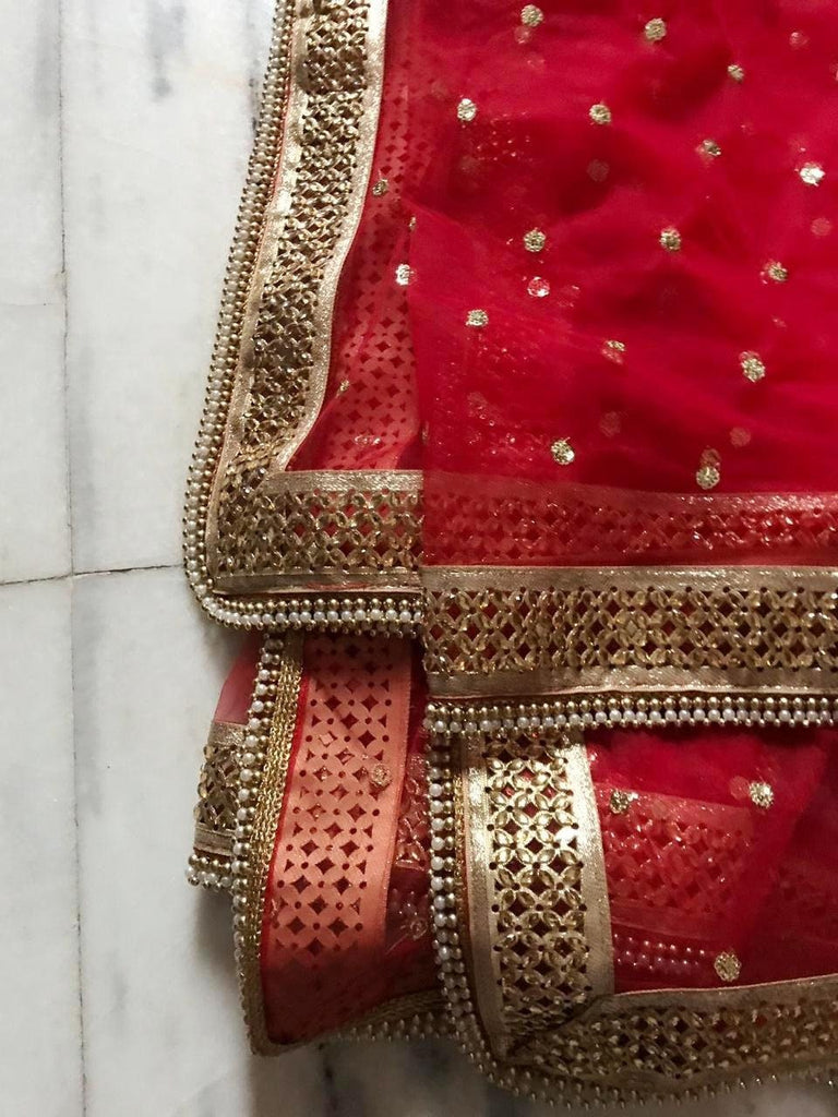 Bridal red indian double border dupatta. - Neel Creations By Saanvi