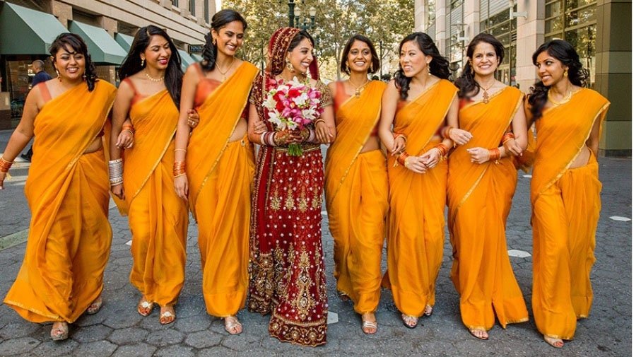 Bulk Bridesmaids Sari for women. Yellow Red combination georgette sari for women - Neel Creations By Saanvi