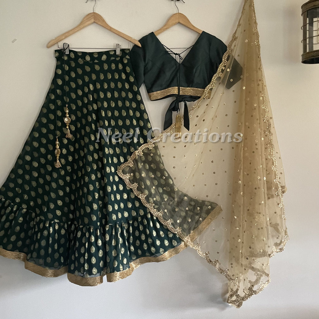 Dark green lehenga with stitched blouse and dupatta for women party wear Indian ethnic clothes wedding guest outfit made to measure - Neel Creations By Saanvi