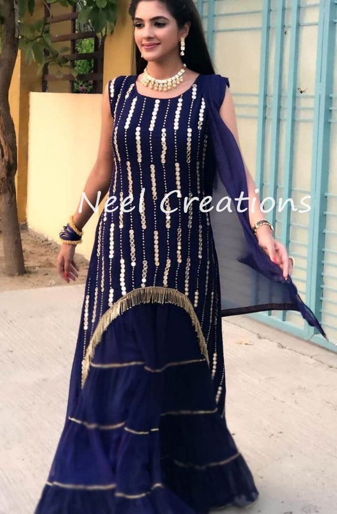 Designer blue Indian dress. Palazzo kurta wedding wear outfit for women. - Neel Creations By Saanvi