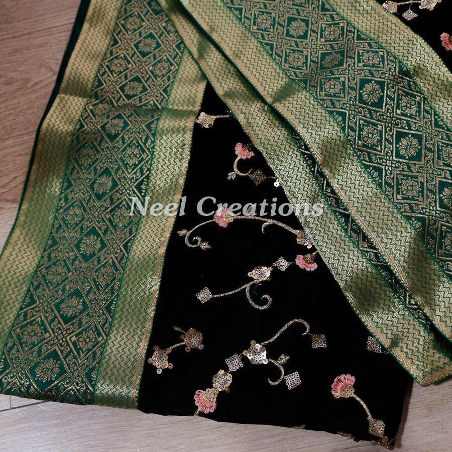 Designer velvet stole emerald green dupatta for women - Neel Creations By Saanvi