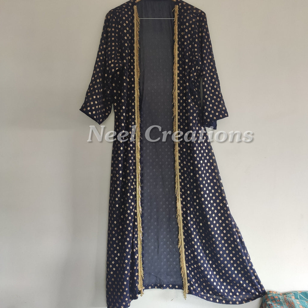 Duster Coat Dark Navy blue with Gold print jacket. Indian poncho style. Indian dress overcoat - Neel Creations By Saanvi