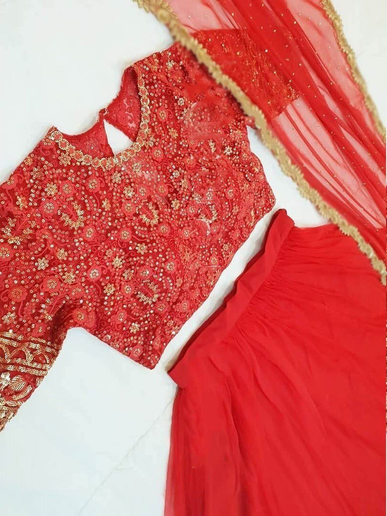 Embroidered blouse with georgette lehenga skirt and net dupatta for women. Bespoke lehenga choli desi dress. Asian wedding engagement set - Neel Creations By Saanvi