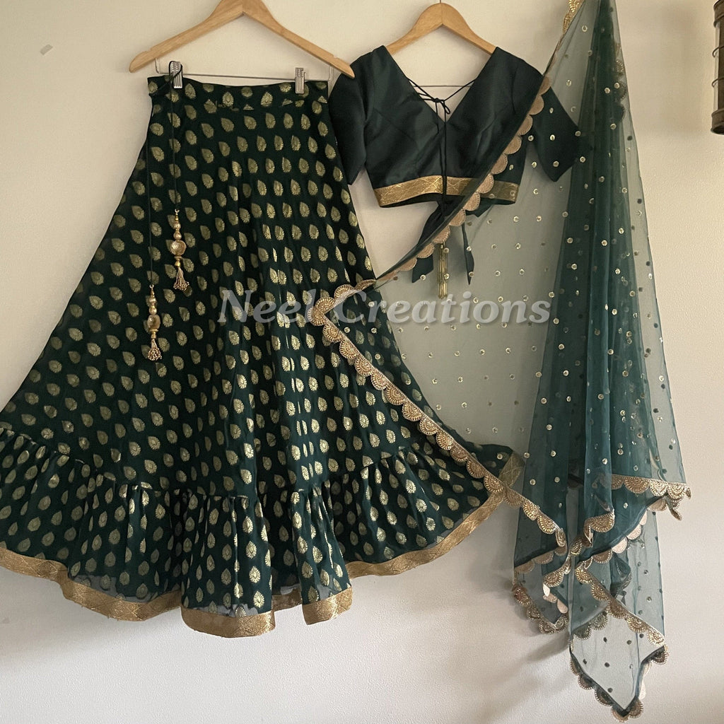 Emerald green lehenga skirt set custom made choli with net dupatta for Indian wedding. All sizes plus sizes dress for women - Neel Creations By Saanvi