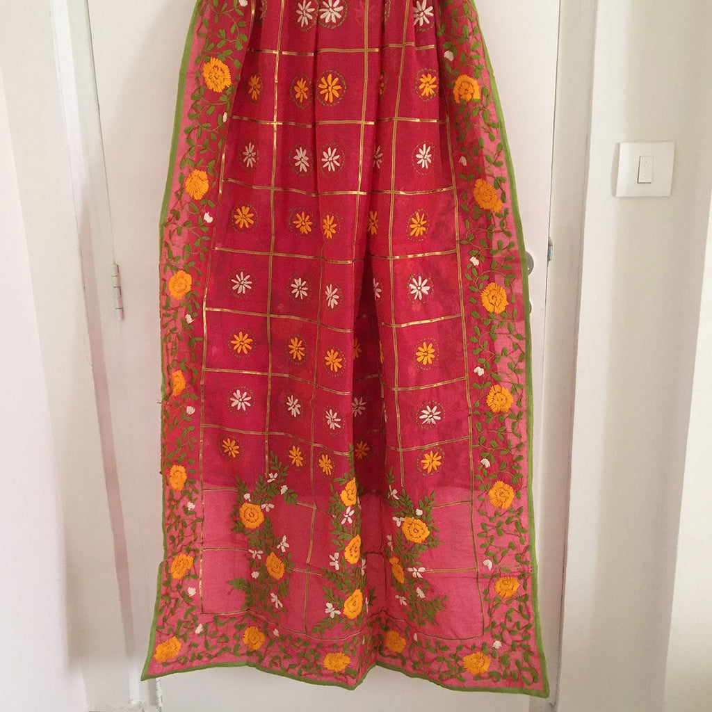 Fulkari Indian chanderi dupatta with thread embroidery floral rich looking Indian dupatta for women - Neel Creations By Saanvi