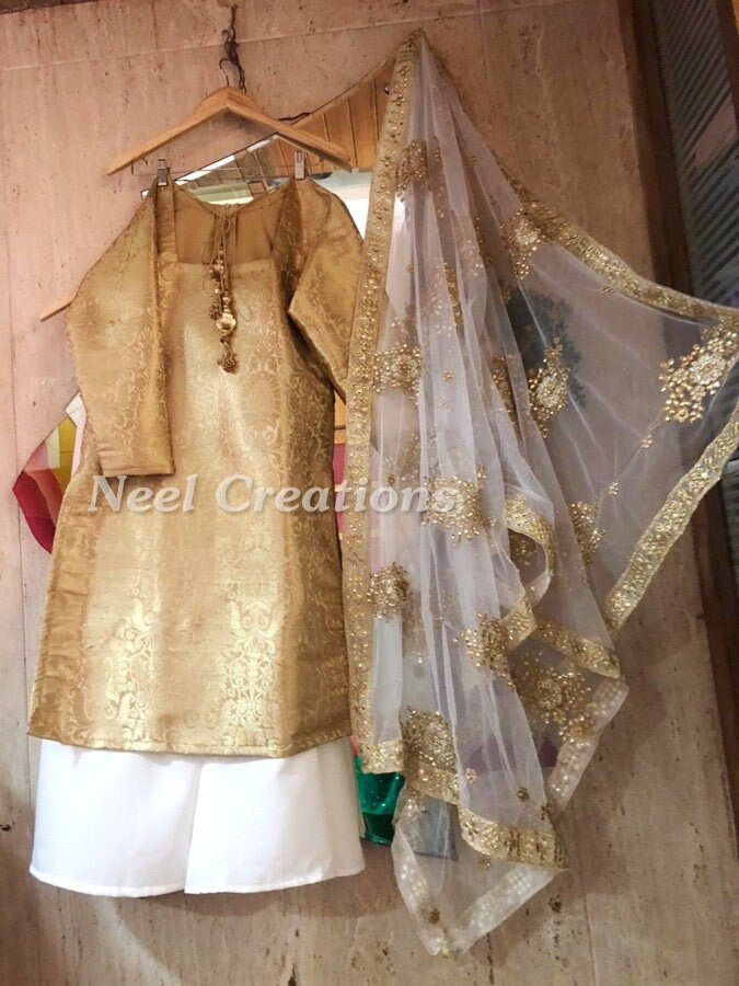 Gold Kurta Sharara Long Indian Designer dress party wear Punjabi salwar suit lehenga Indian salwar kameez Indian dress - Neel Creations By Saanvi