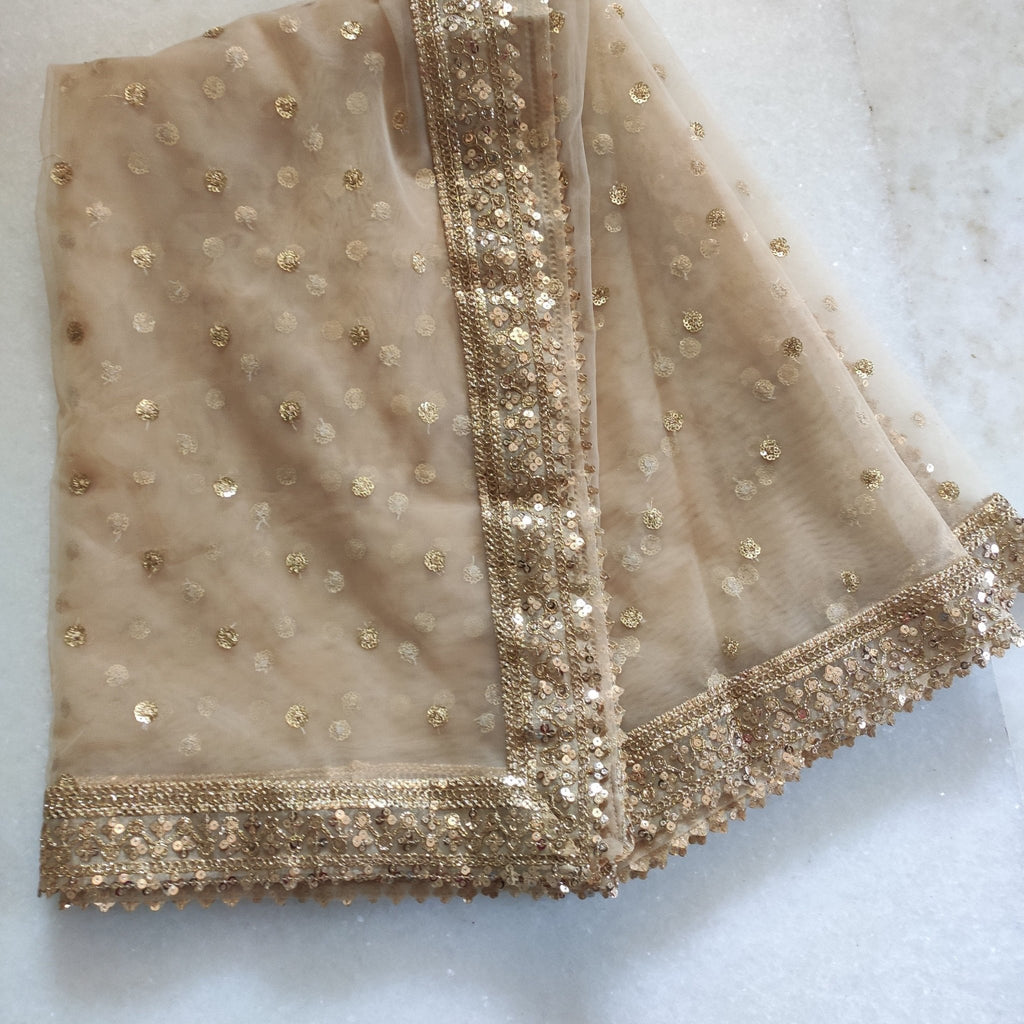 Golden Indian Dupatta. Tradition dupatta | Long net embroidered scarf | Punjabi dress dupattas with zari embroidery for lehenga | Dupatta - Neel Creations By Saanvi