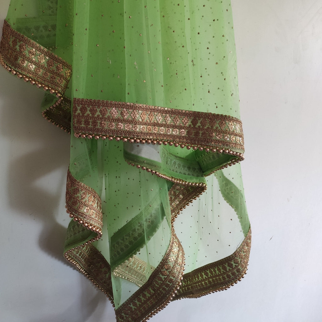 Green net dupatta with embroidered border. Embroidery dupatta. Wedding chunni veil. Indian dupatta. - Neel Creations By Saanvi