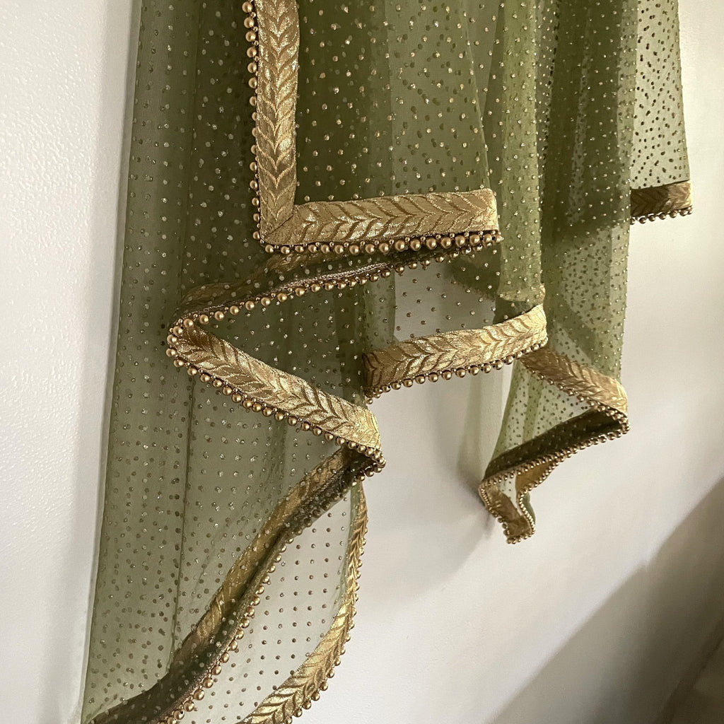 Green Net dupatta with golden beaded border | Indian dupatta | Bridal wedding veil scarf for women girls - Neel Creations By Saanvi