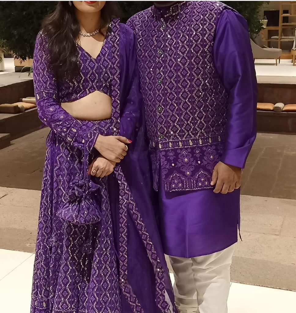 Husband wife set. Indian outfits family. Chikankari lengha blouse for women with net dupatta lehenga choli - Neel Creations By Saanvi