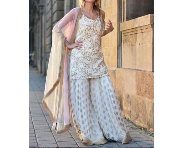 Kurta top with palazzo pants salwar. Indian ethnic wedding party wear dress for women. - Neel Creations By Saanvi