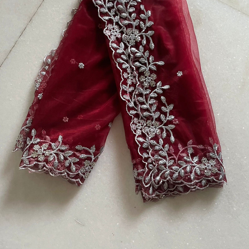 Maroon Silver Indian Wedding Dupatta long net embroidered scarf Punjabi dress dupattas with zari embroidery for festival chunni lehenga - Neel Creations By Saanvi