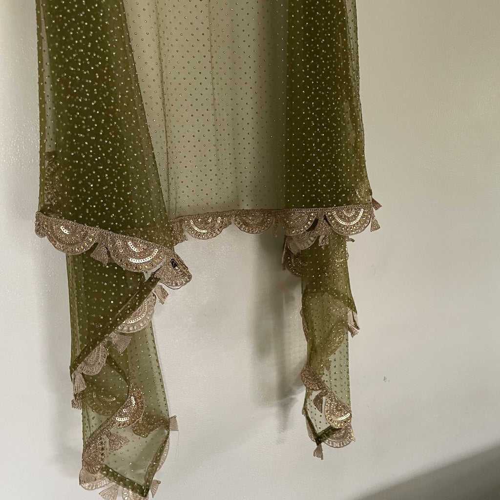 Olive Green Net dupatta with golden beaded border | Indian dupatta | Bridal wedding veil scarf for women girls - Neel Creations By Saanvi