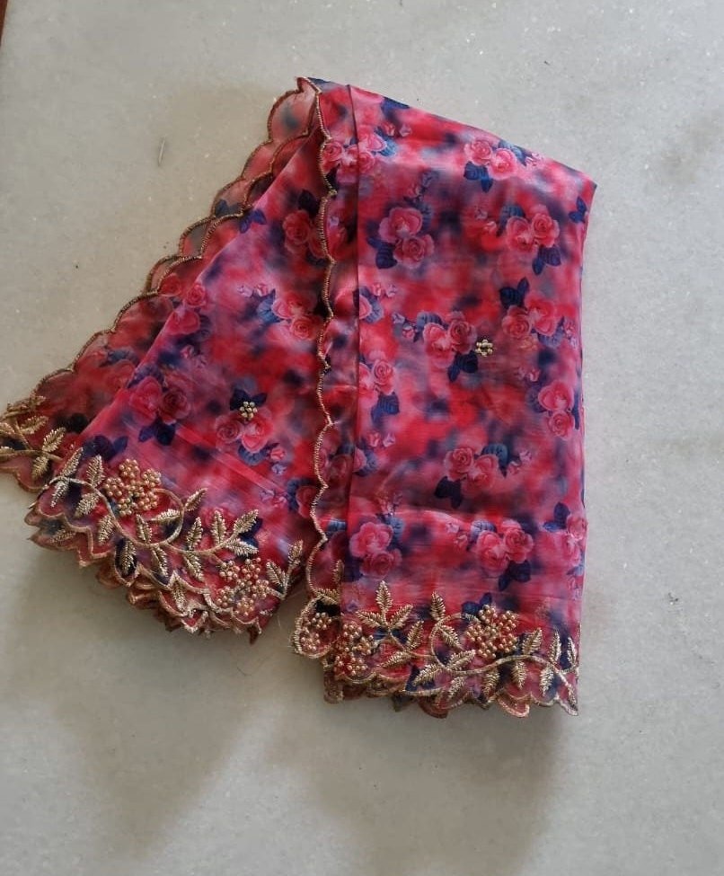 Organza dupatta printed floral dupatta. Printed with blue pink flowers dupatta and gold border - Neel Creations By Saanvi