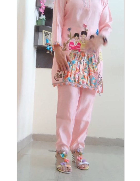 Pink of Co-ord set with doll embroidery. Designer pant and shirt set - Neel Creations By Saanvi