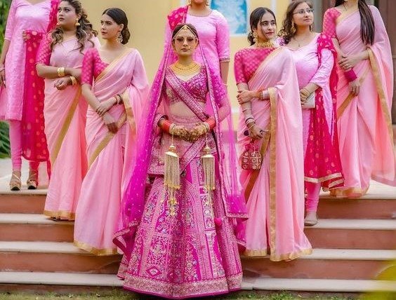 Pink theme Bulk Indian Bridesmaids sari for women for Indian Functions bridesmaid sarees wedding dress flower girls - Neel Creations By Saanvi