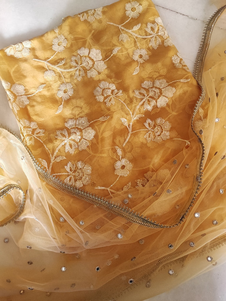 Pure Organza kurta Yellow Embroidered suit material with dupatta. Kurta dupatta set - Neel Creations By Saanvi