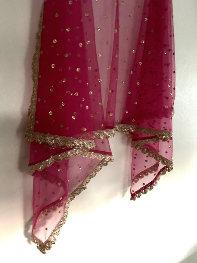Rani pink net bridal dupatta with sequin all over and gold border. - Neel Creations By Saanvi
