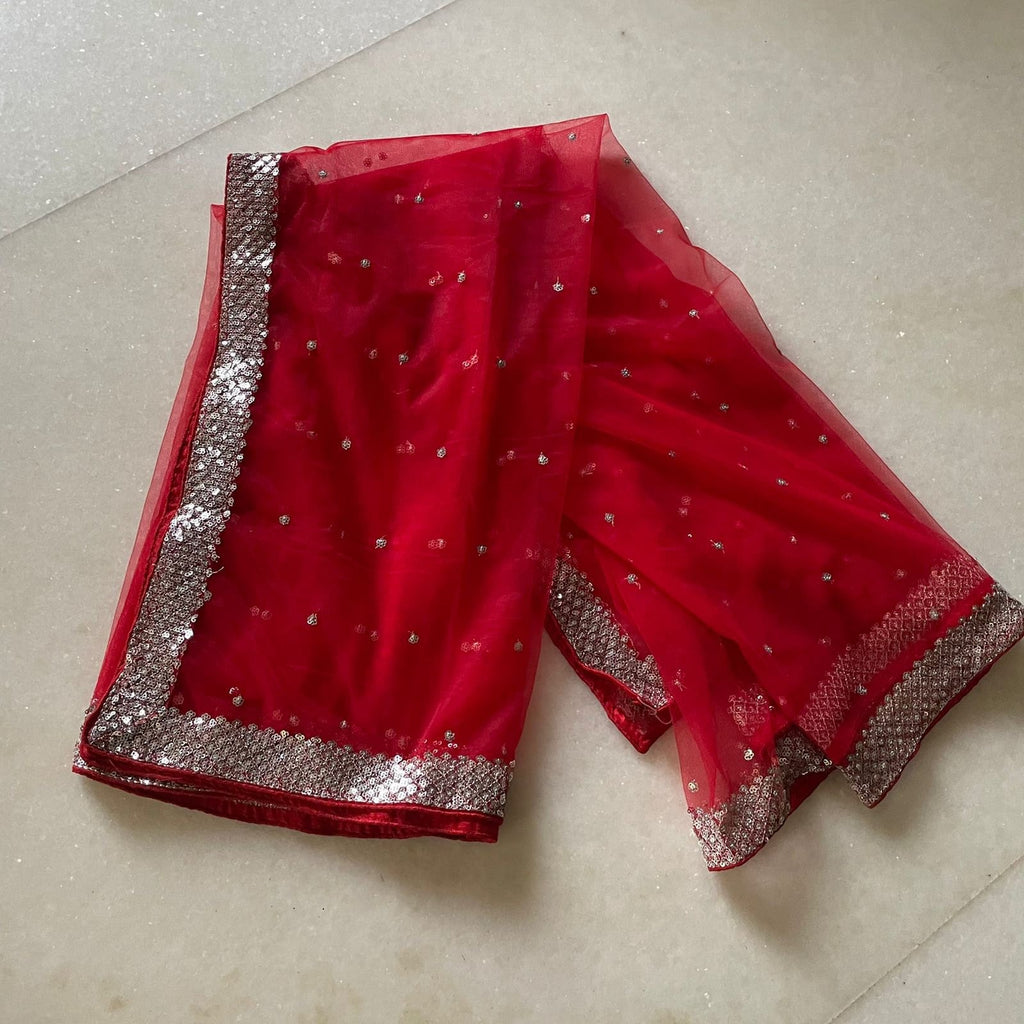 Red bridal dupatta Silver sequin motifs on net. Indian dupatta. Bridal Red Net dupatta with silver border. - Neel Creations By Saanvi