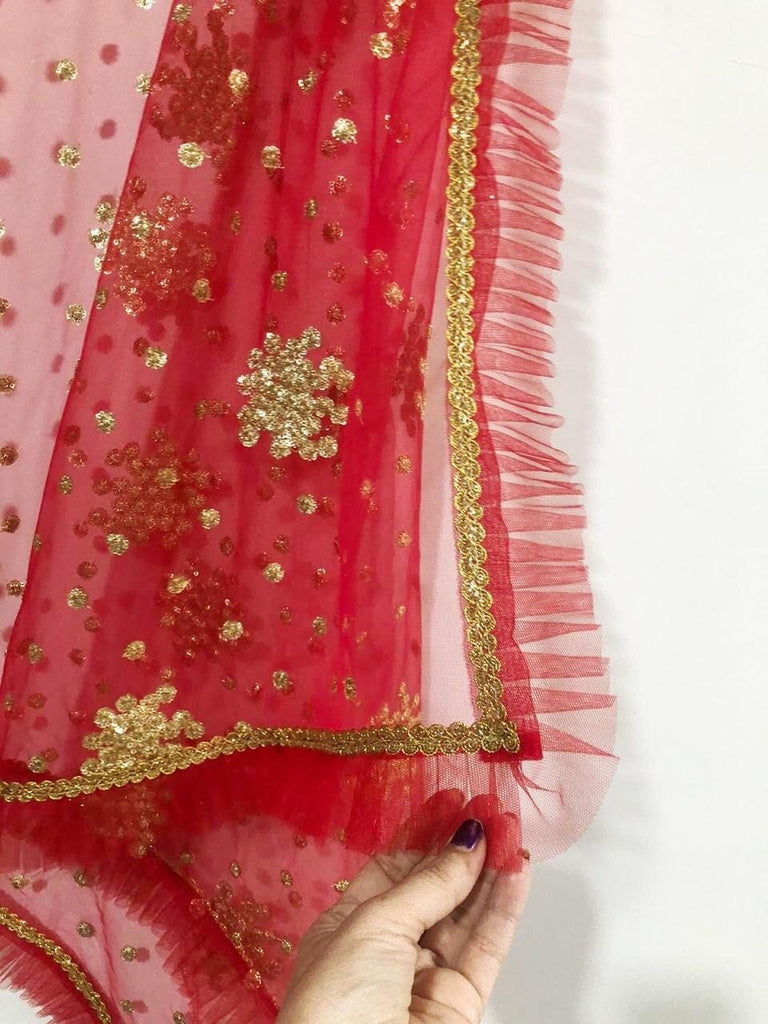 Red dupatta. Gold embroidery Indian net wedding veil dupatta - Neel Creations By Saanvi
