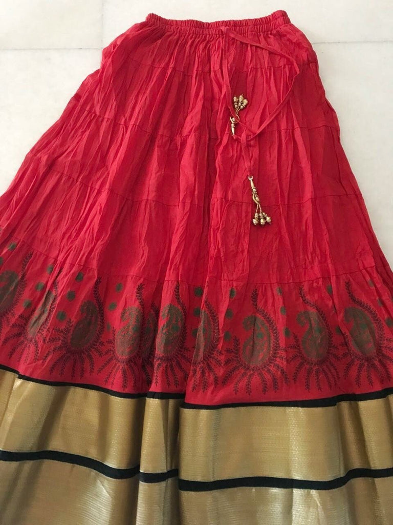 Red flared long Indian cotton skirt. Printed lehenga dance costume - Neel Creations By Saanvi