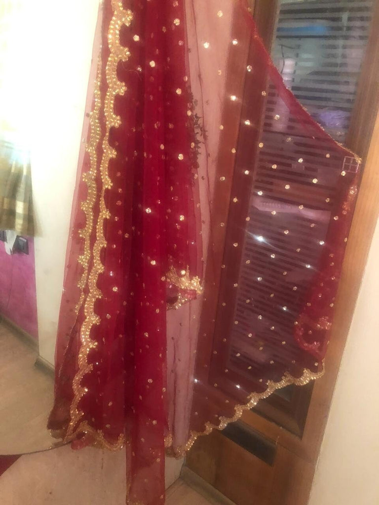 Red Golden Indian Dupatta long net embroidered scarf Punjabi dress dupattas with zari embroidery for festival chunni lehenga stole - Neel Creations By Saanvi