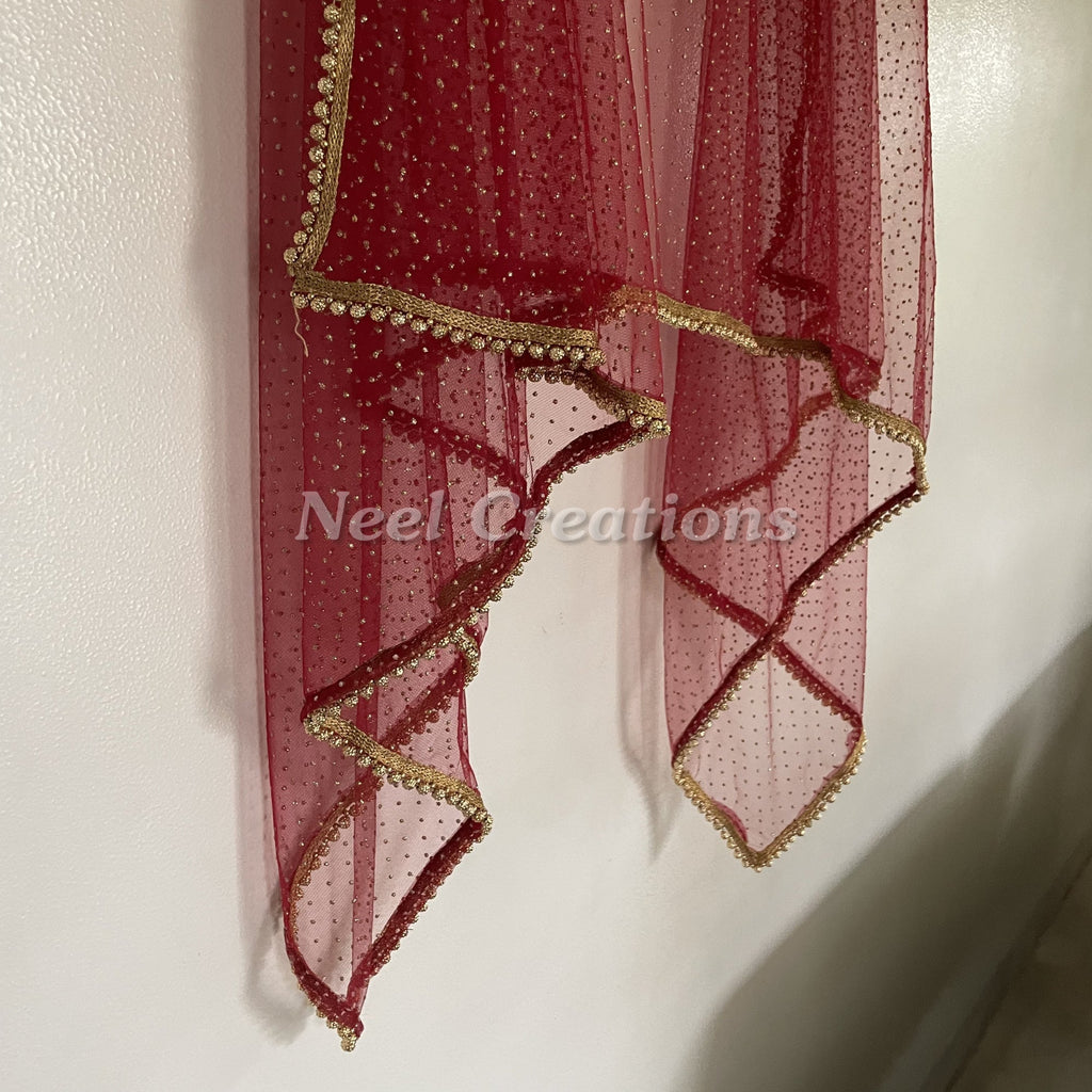 Red Maroon Net dupatta with golden beaded border | Indian dupatta | Bridal wedding veil scarf for women girls - Neel Creations By Saanvi