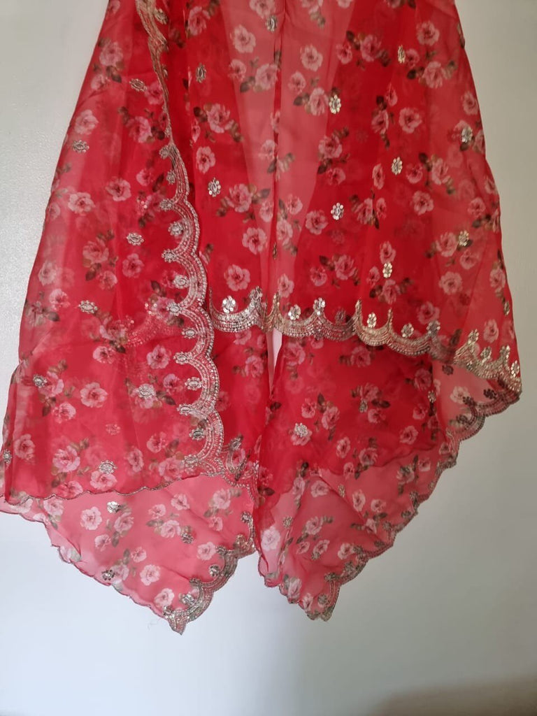 Red organza floral dupatta. Indian long ethnic dupattas for women - Neel Creations By Saanvi