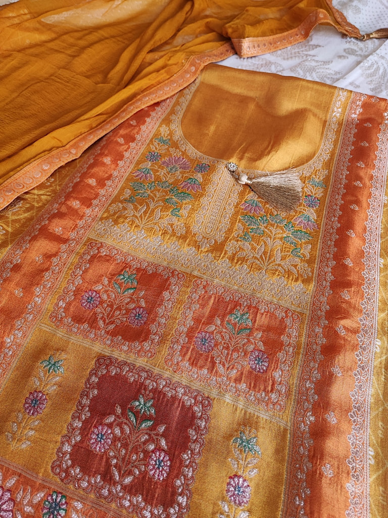 Silk kurta with Kanjivaram weaving and Jaipuri print dress material. Slawar suit material with dupatta and bottoms. - Neel Creations By Saanvi
