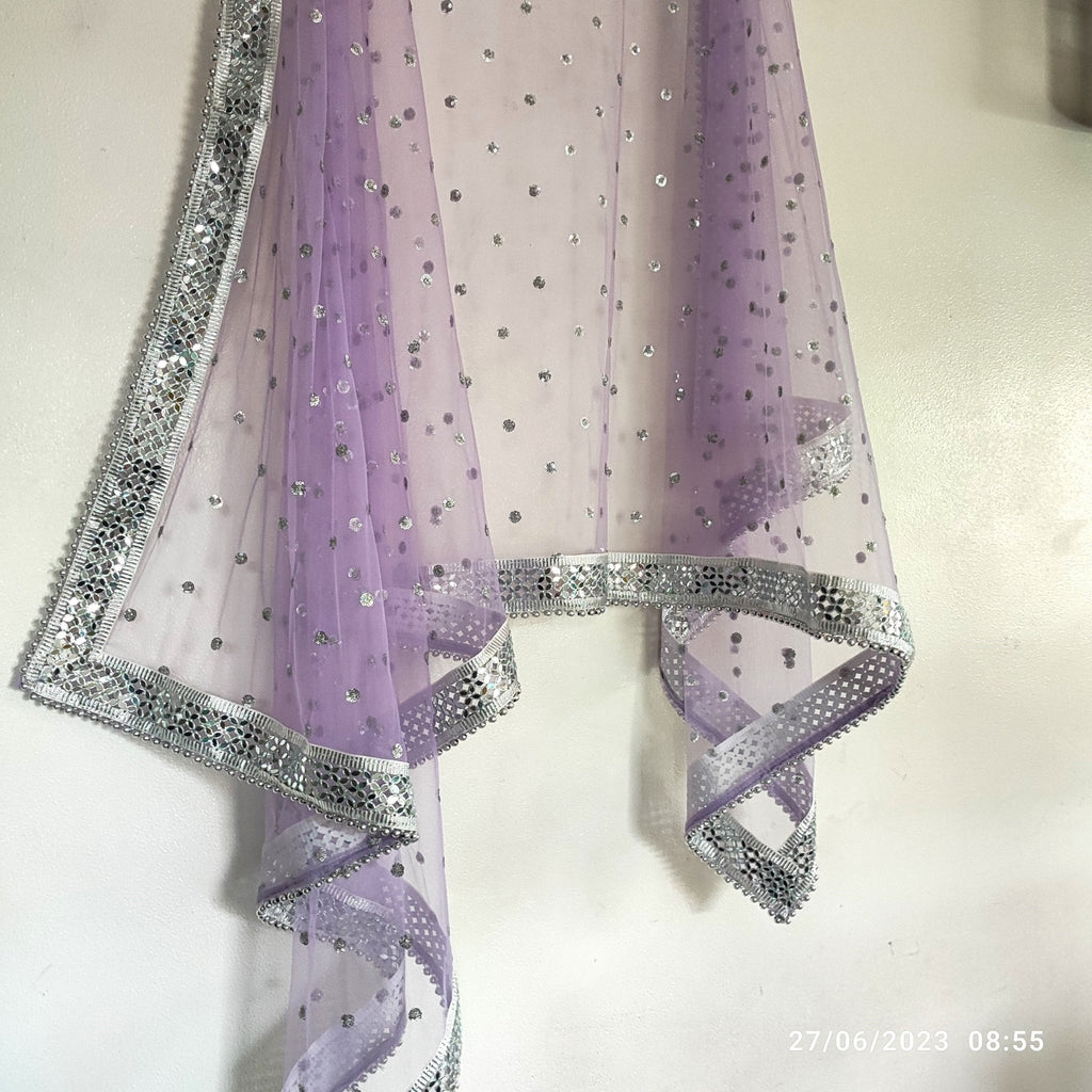 Silver sequin motifs on net. Purple net Indian dupatta. Custom made dupattas - Neel Creations By Saanvi