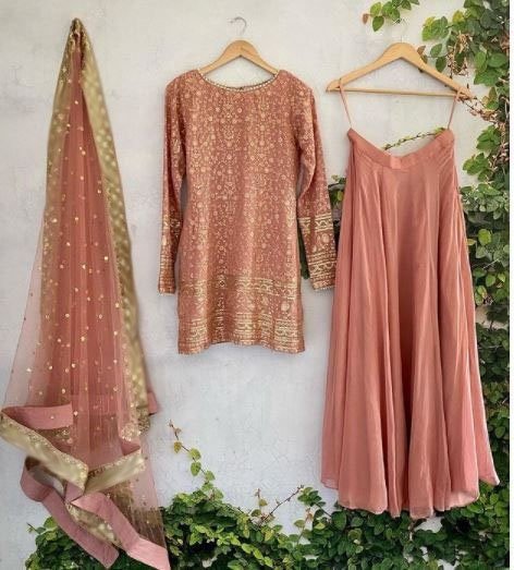 SKZ Brownish Pink Kurta skirt set with dupatta. Party wear Indian suit with sequin embroidery. Custom made Indian kameez - Neel Creations By Saanvi