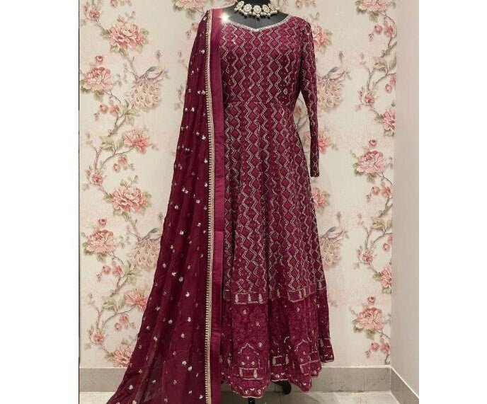 SKZ Indian Designer Anarkali Salwar Kameez Suit Burgundy Georgette ethnic party wear custom stitched made to measure dress for women girls - Neel Creations By Saanvi