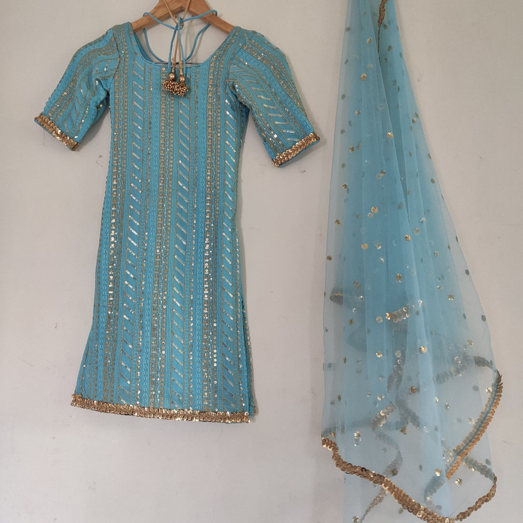 SKZ Indian designer blue dress and dupatta with leggings. Custom made Punjabi dress salwar kameez suit for women for kids - Neel Creations By Saanvi